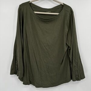 Loft Outlet‎ Womens XL Olive Green Cotton Boat Neck Top Button Cuff 3/4 Sleeve